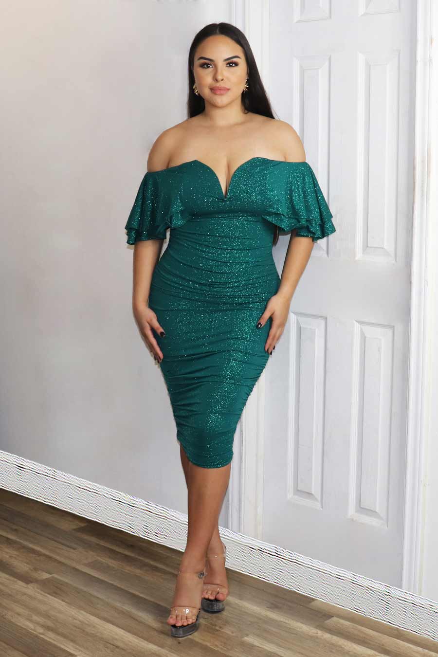Marilu Glitter Off Shoulder Midi Dress Divas Plus Boutique
