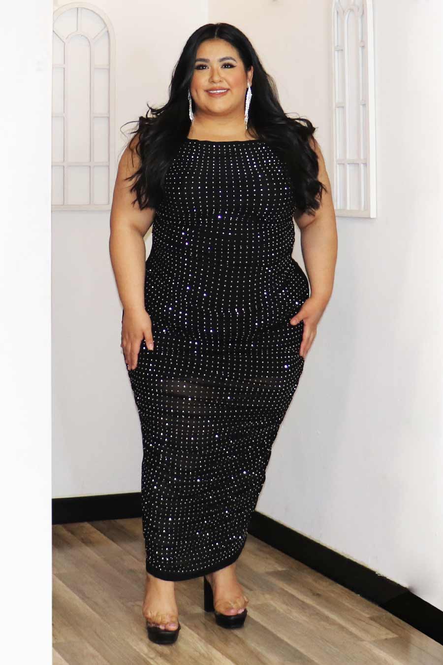 Amara Rhinestone Sheer Mesh Maxi Dress Divas Plus Boutique
