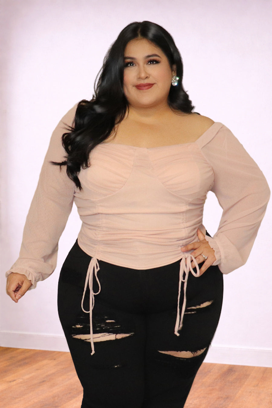 Plus Size Ruched Mesh Sleeve Top | Divas Fashion Boutique