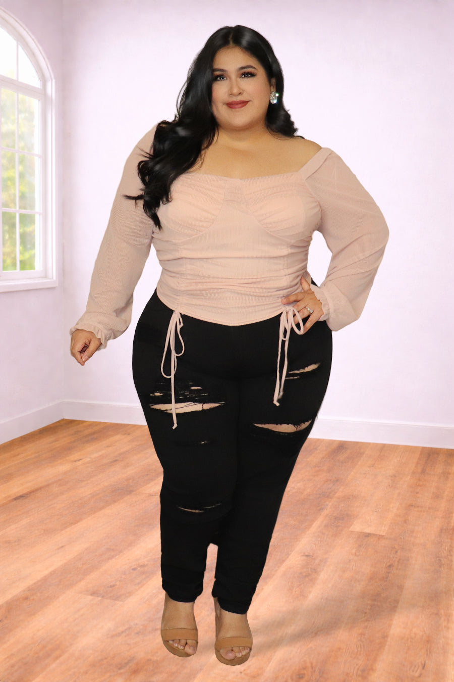 Plus Size Ruched Mesh Sleeve Top | Divas Fashion Boutique