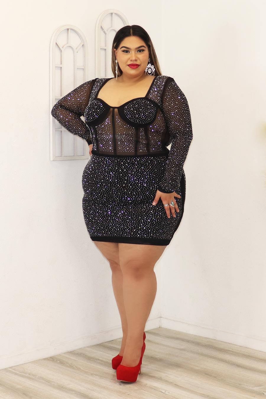 Arcelia Rhinestone Long Sleeve Dress Divas Boutique