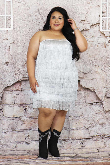 Zazilu Fringe Strapless Dress Divas Plus Boutique