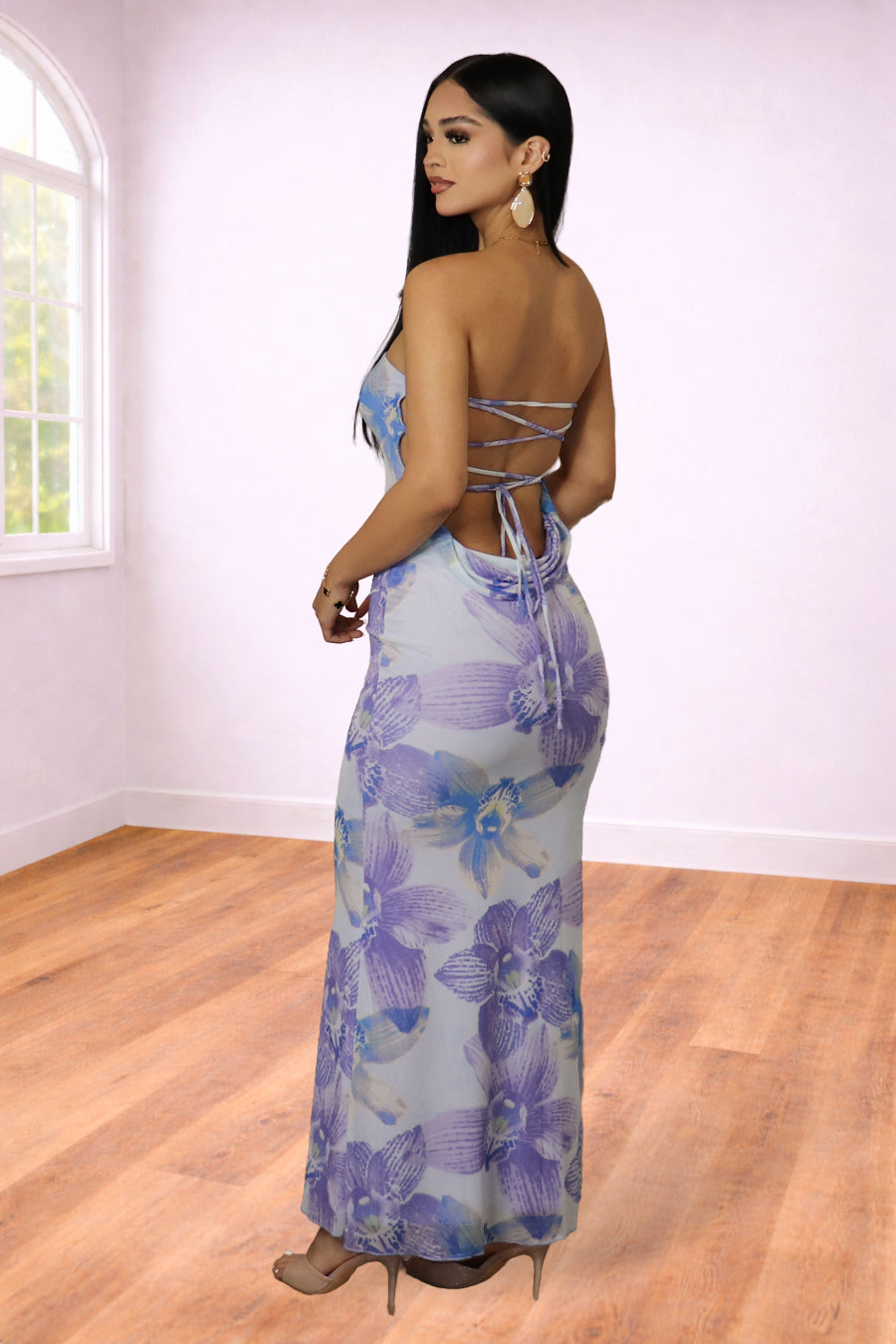 Floral Print Open Back Lace Up Maxi Dress | Divas Fashion Boutique