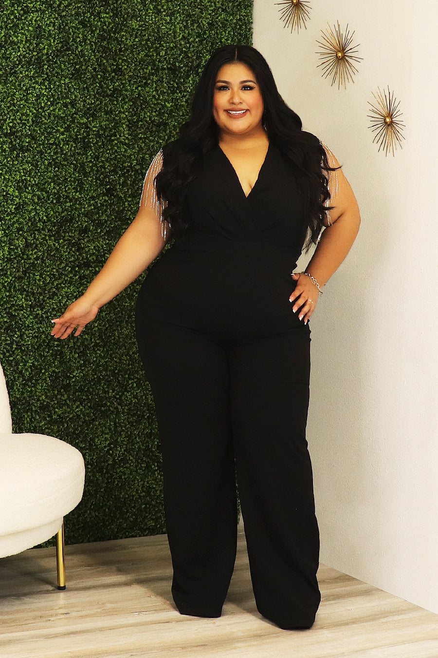 Aelys Metal Chain Fringe Sleeve Jumpsuit Divas Plus