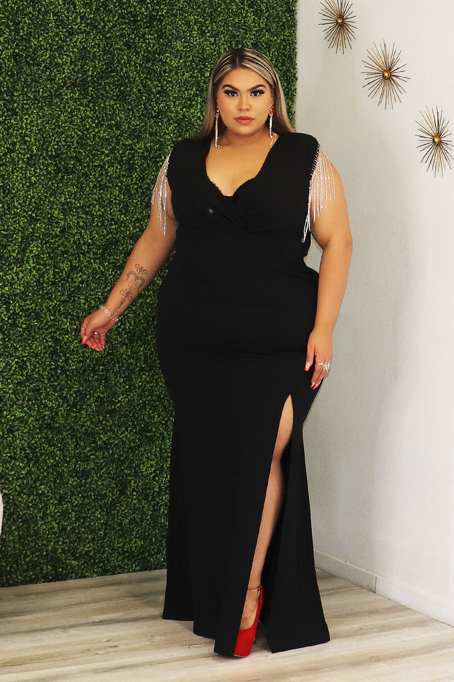 Naemi Rhinestone Fringe Sleeve Maxi Dress Divas Plus