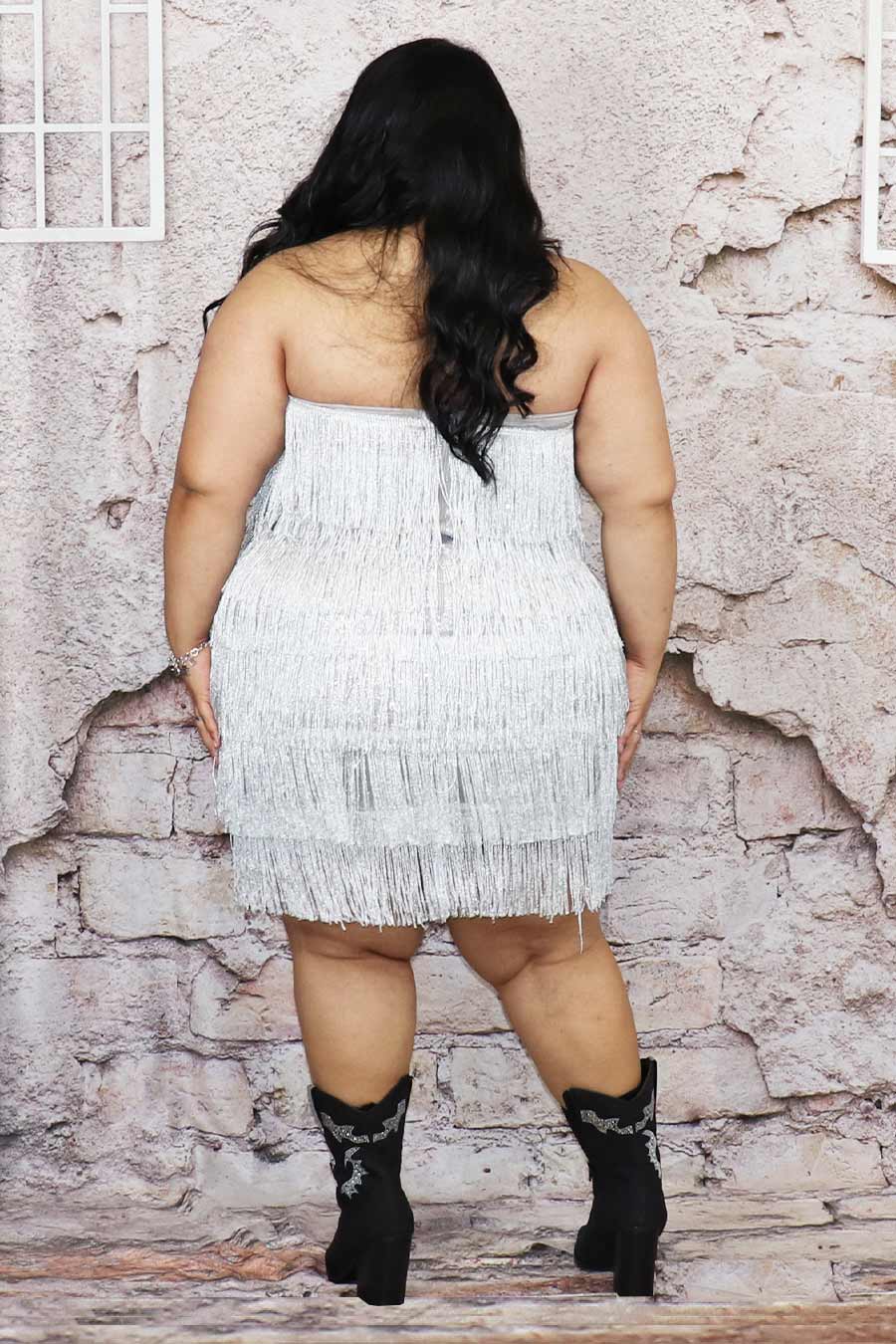 Zazilu Fringe Strapless Dress Divas Plus Boutique