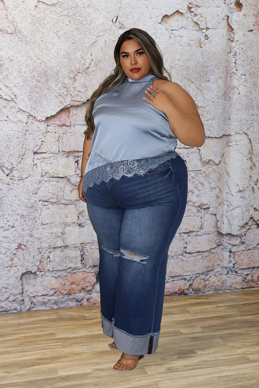 Plus Size Satin Lace Trim Halter Top | Divas Fashion Boutique