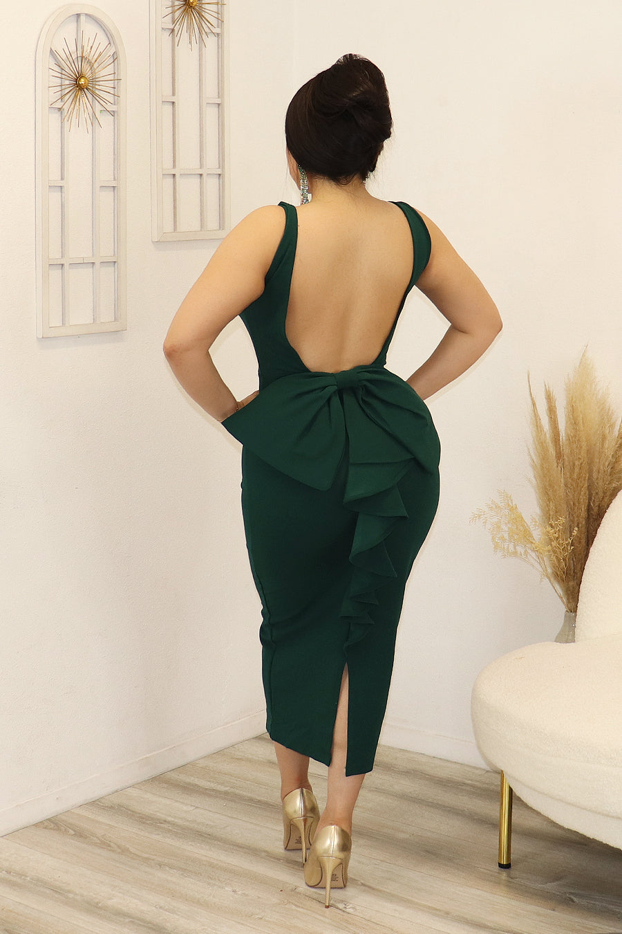 Aitana Bow with Cascasding Rubbon on Back Midi Dress Divas Plus