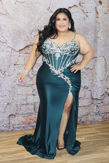 Plus Size Crystal Embellished Satin Bodycon Maxi Dress with Slit | Divas Fashion Boutique