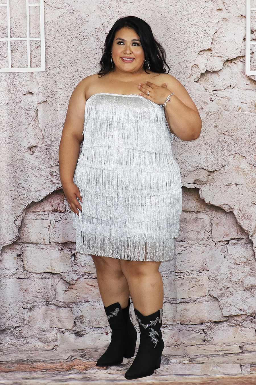 Zazilu Fringe Strapless Dress Divas Plus Boutique