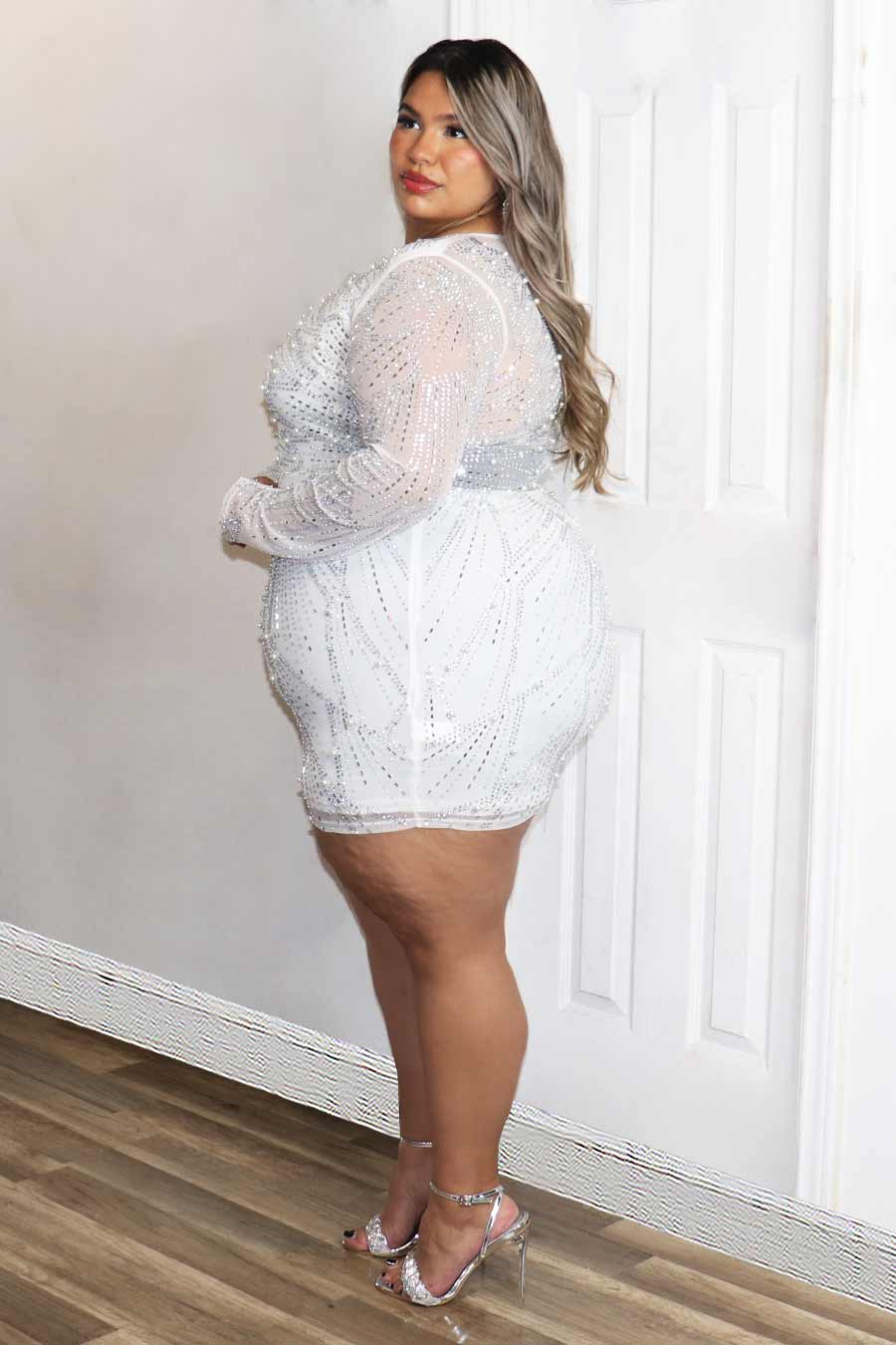 Ariche Rhinestone/Pearl Long Sleeve Mini Dress Divas Plus Boutique