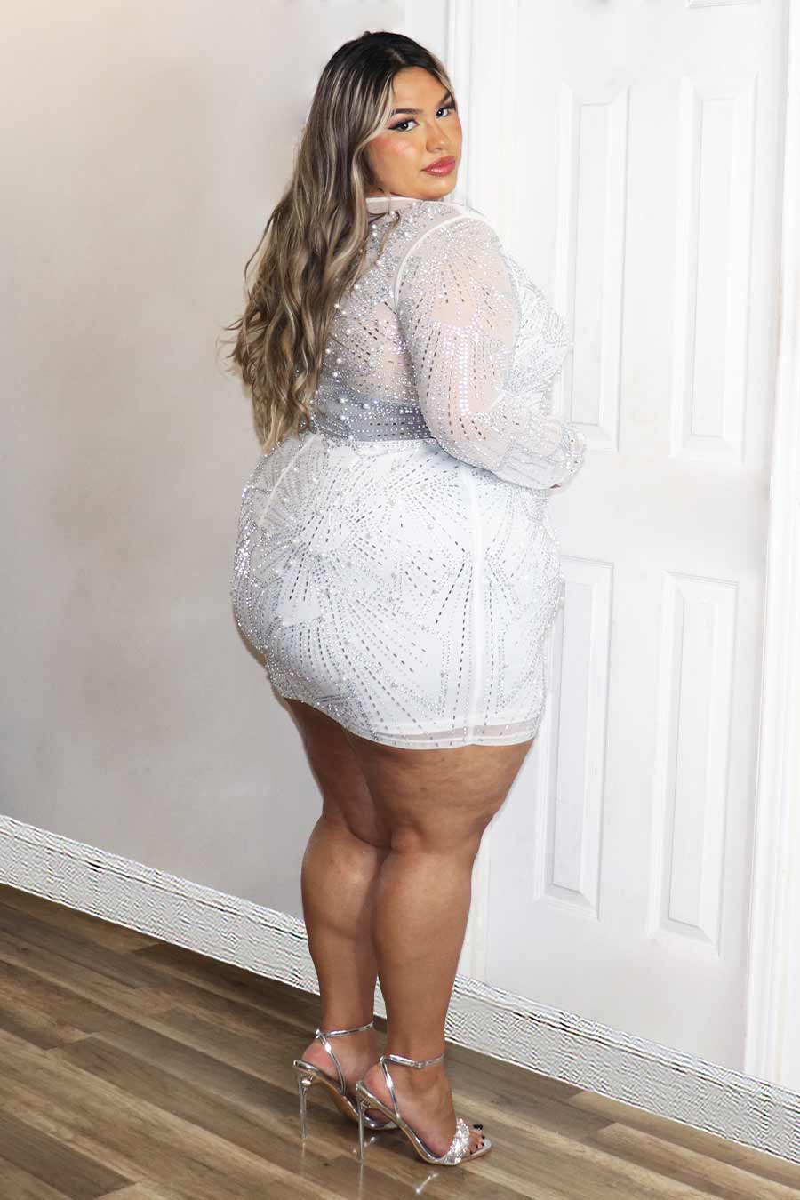 Ariche Rhinestone/Pearl Long Sleeve Mini Dress Divas Plus Boutique