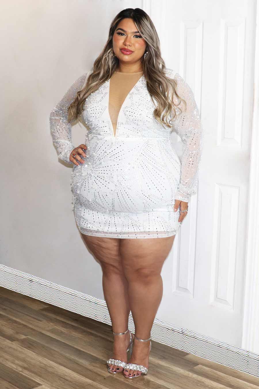 Ariche Rhinestone/Pearl Long Sleeve Mini Dress Divas Plus Boutique