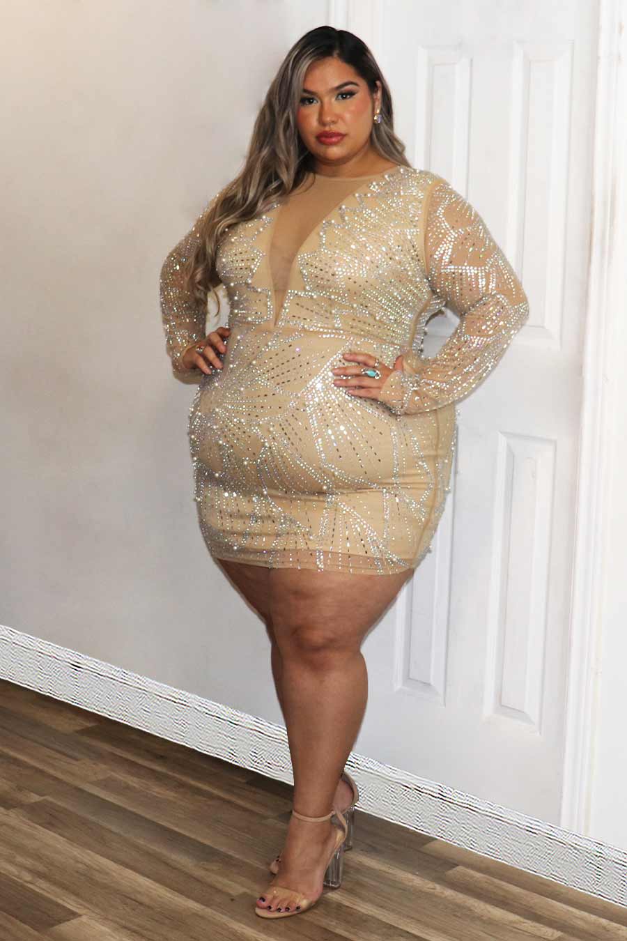 Ariche Rhinestone/Pearl Long Sleeve Mini Dress Divas Plus Boutique