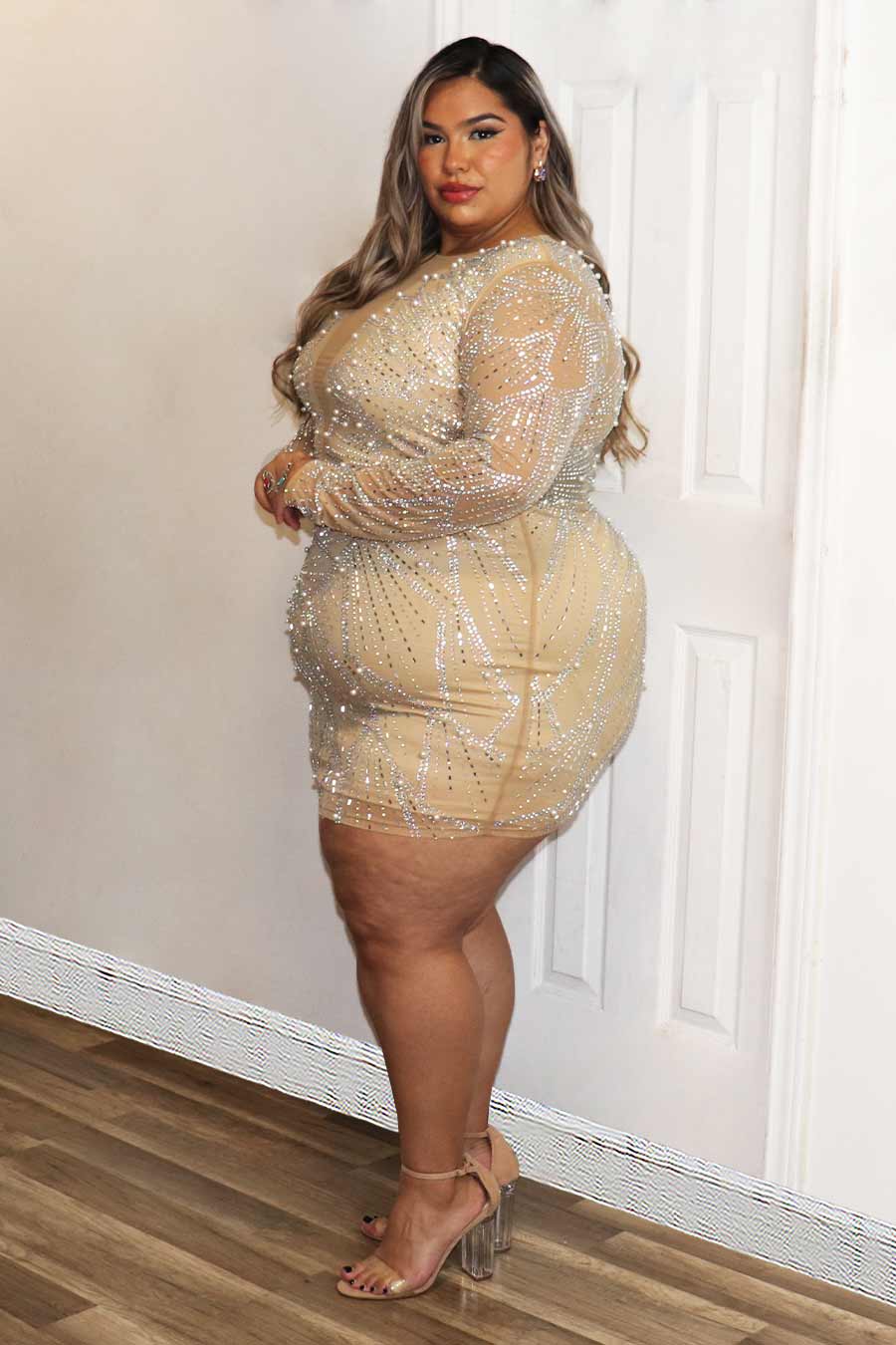 Ariche Rhinestone/Pearl Long Sleeve Mini Dress Divas Plus Boutique