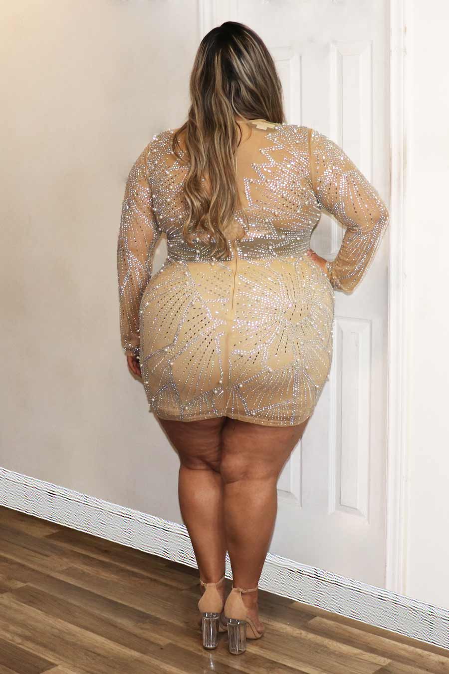 Ariche Rhinestone/Pearl Long Sleeve Mini Dress Divas Plus Boutique