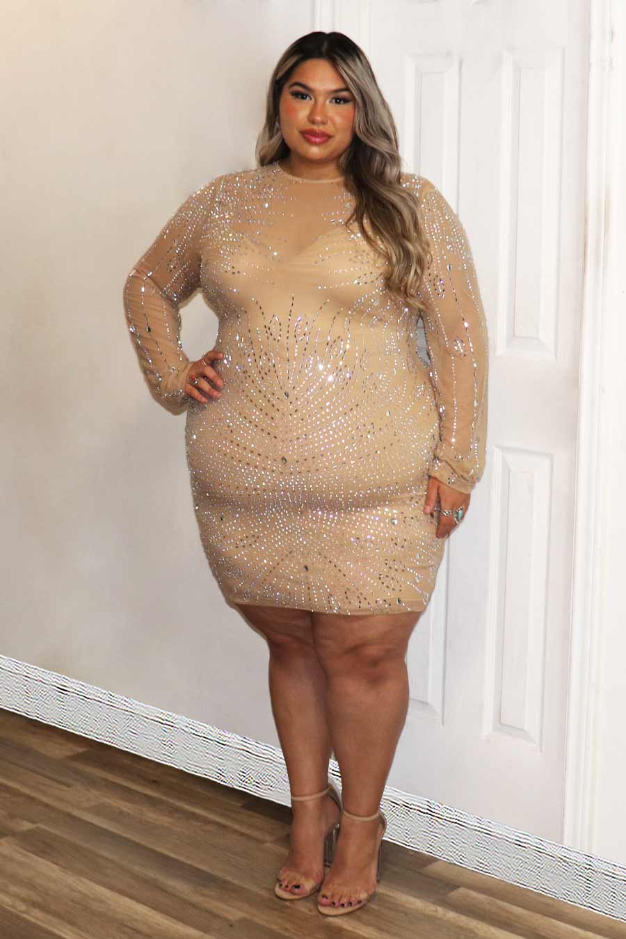 Jaqui Long Sleeve Rhinestone  Dress Divas Plus