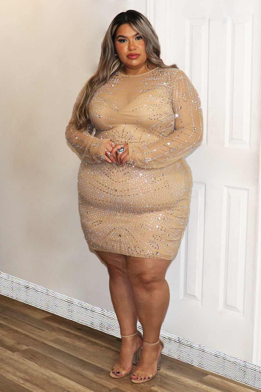 Jaqui Long Sleeve Rhinestone  Dress Divas Plus