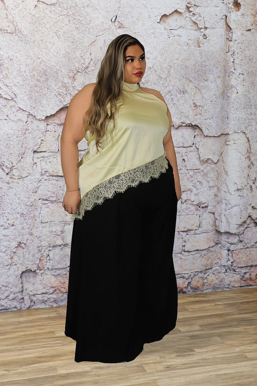 Plus Size Satin Lace Trim Halter Top | Divas Fashion Boutique
