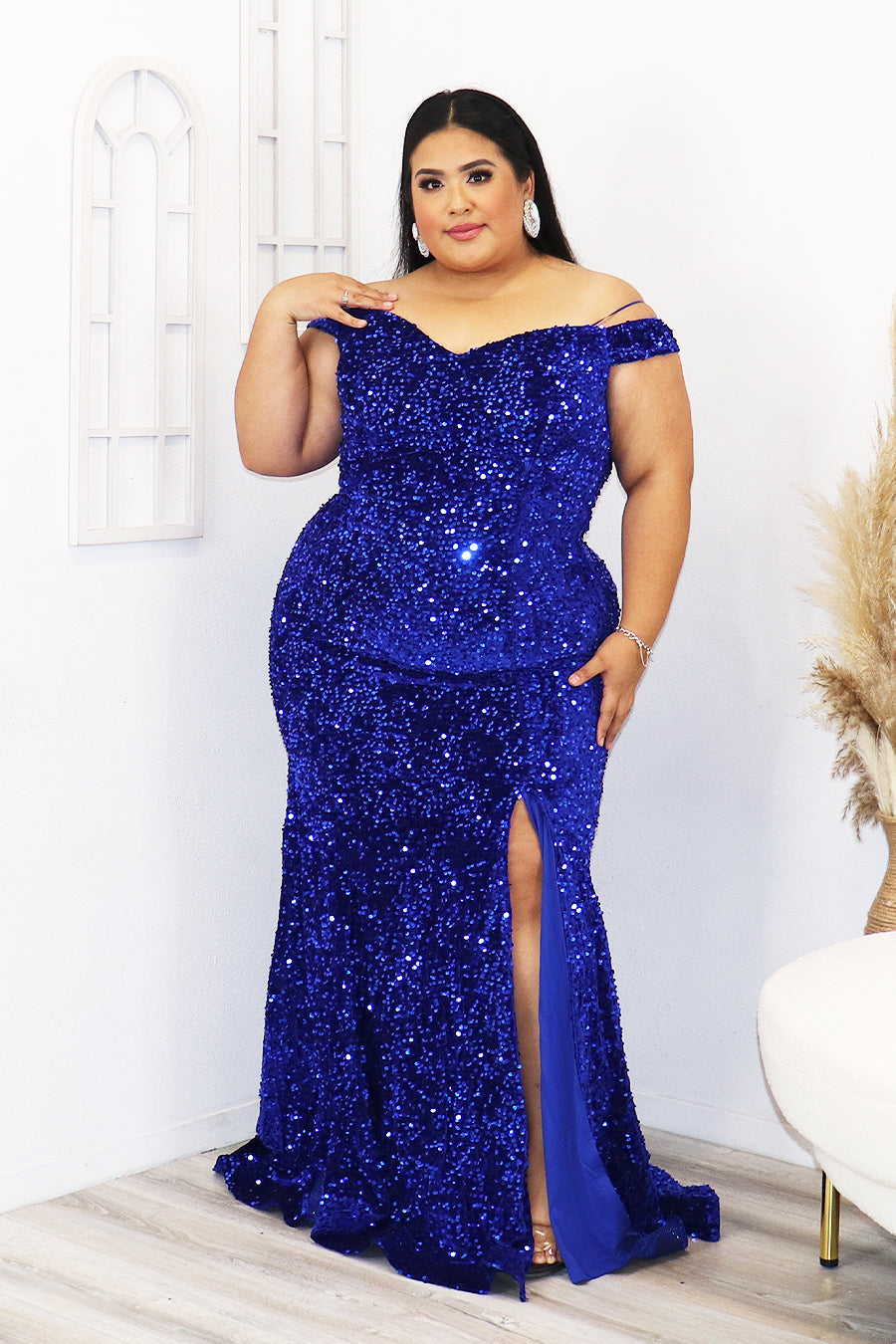 Antonela Off the Shoulder Velvet Sequence Dress Divas Plus