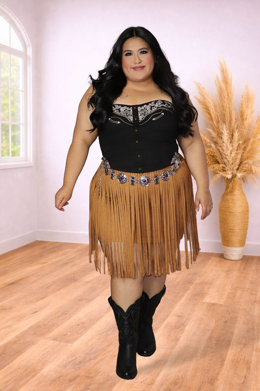 Plus Size Camel Western Fringe Skirt | Divas Fashion Boutique