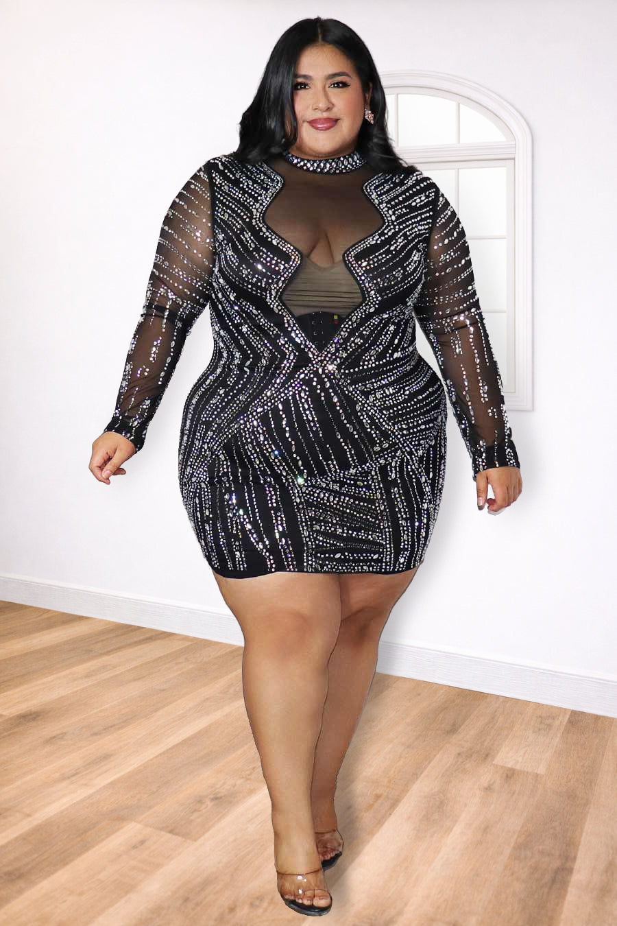 Plus Size Rhinestone Mesh Mini Dress – Diamond Night | Divas Fashion Boutique