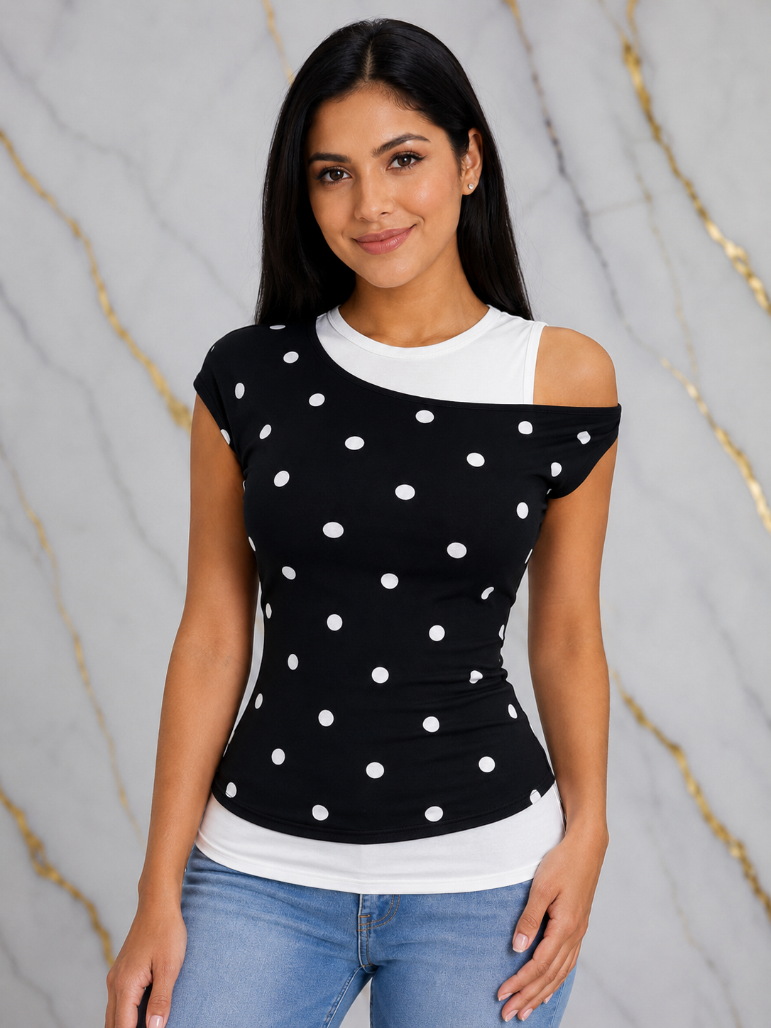 Regular Size Polka Dot Color Block One-Shoulder Top
