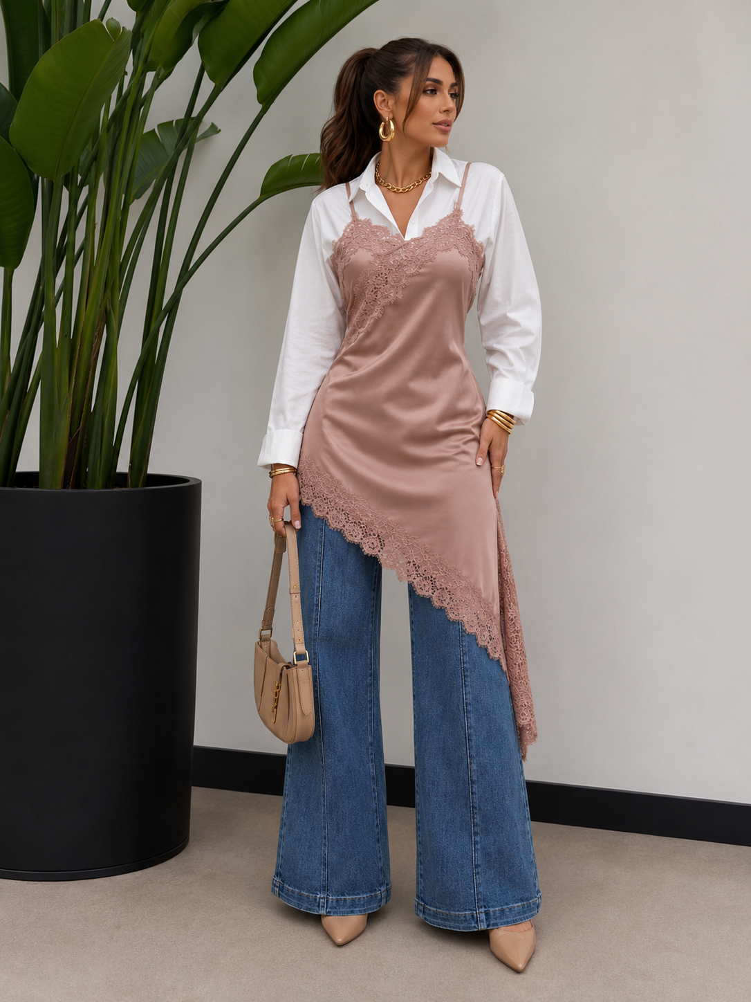 Regular Size Satin Lace Asymmetrical Cami Tunic Top