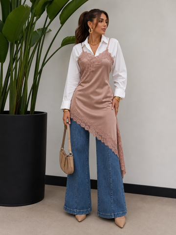 Regular Size Satin Lace Asymmetrical Cami Tunic Top
