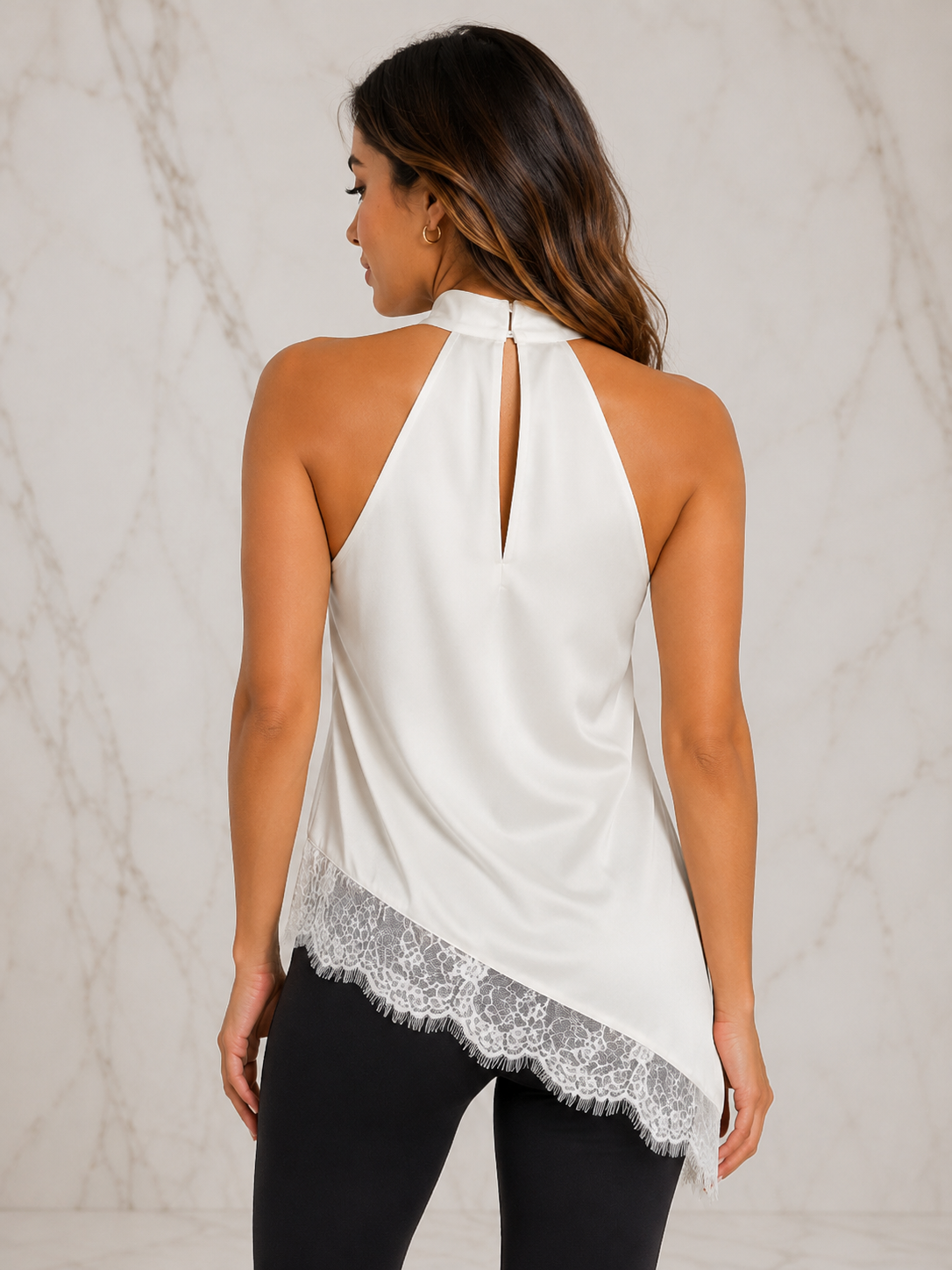Regular Size Mock Neck Lace Trim Asymmetrical Tank Top