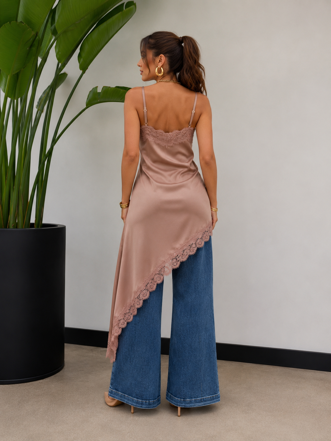 Regular Size Satin Lace Asymmetrical Cami Tunic Top