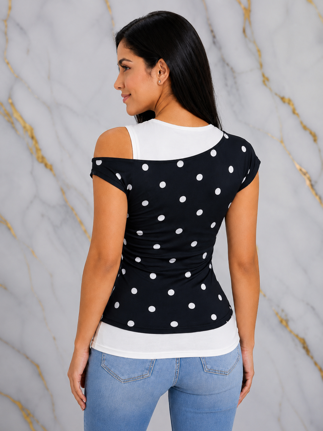 Regular Size Polka Dot Color Block One-Shoulder Top