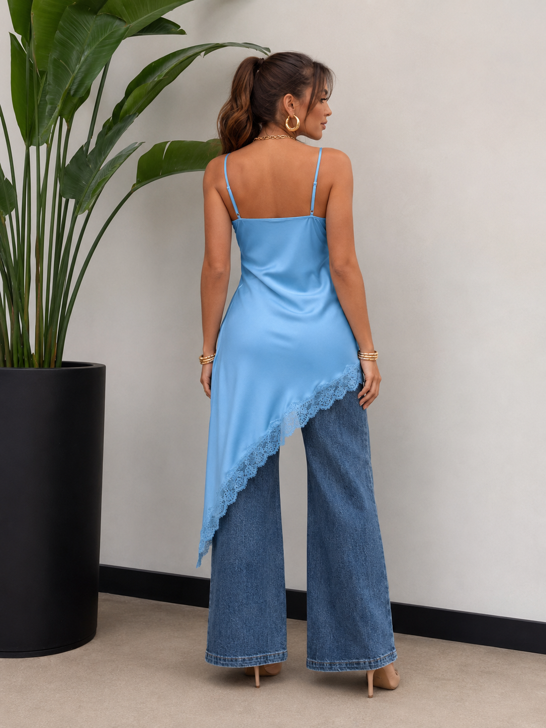 Regular Size Satin Lace Asymmetrical Cami Tunic Top