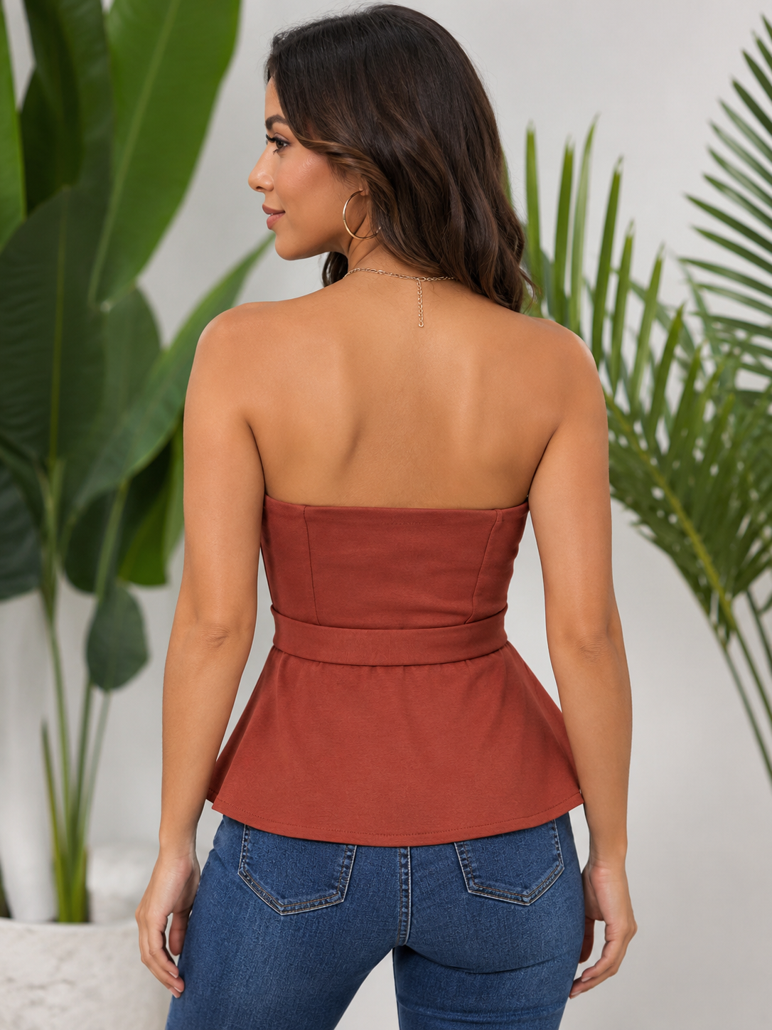 Regular Size Strapless Peplum Belted Top
