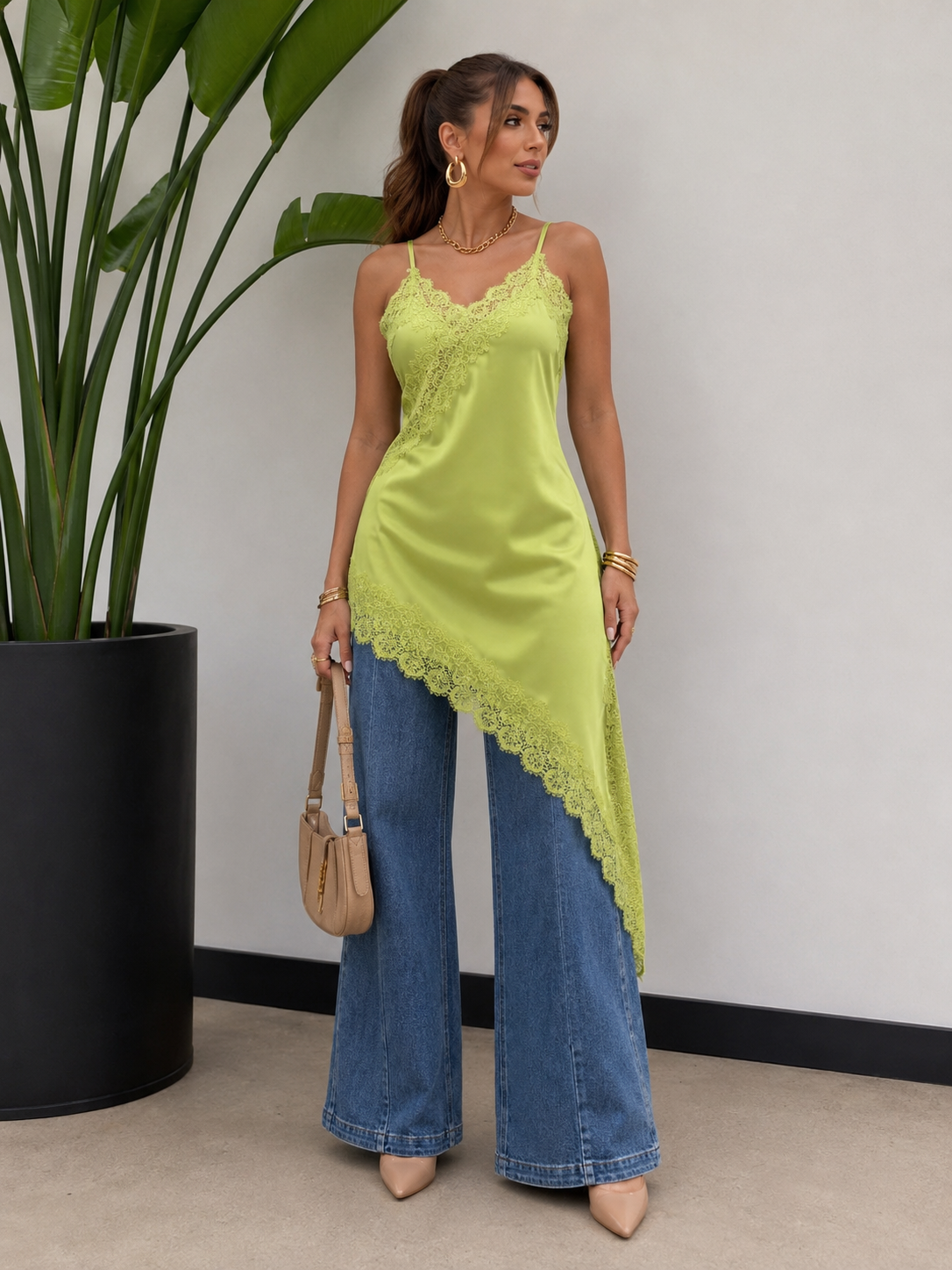 Regular Size Satin Lace Asymmetrical Cami Tunic Top