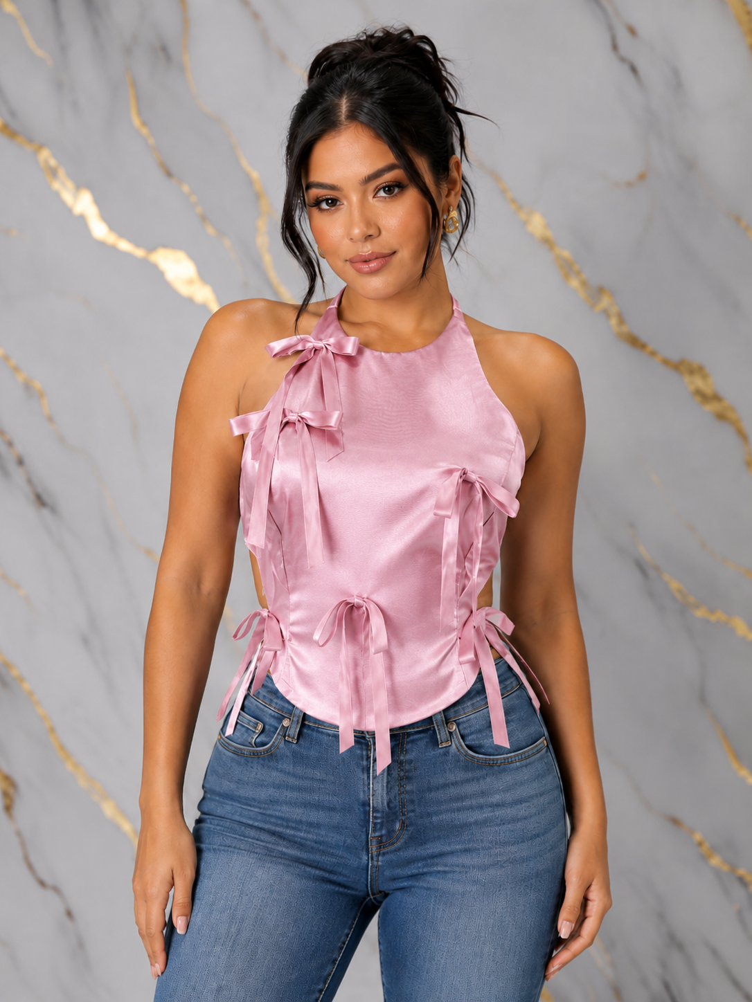 Regular Size Satin Bow Detail Halter Top