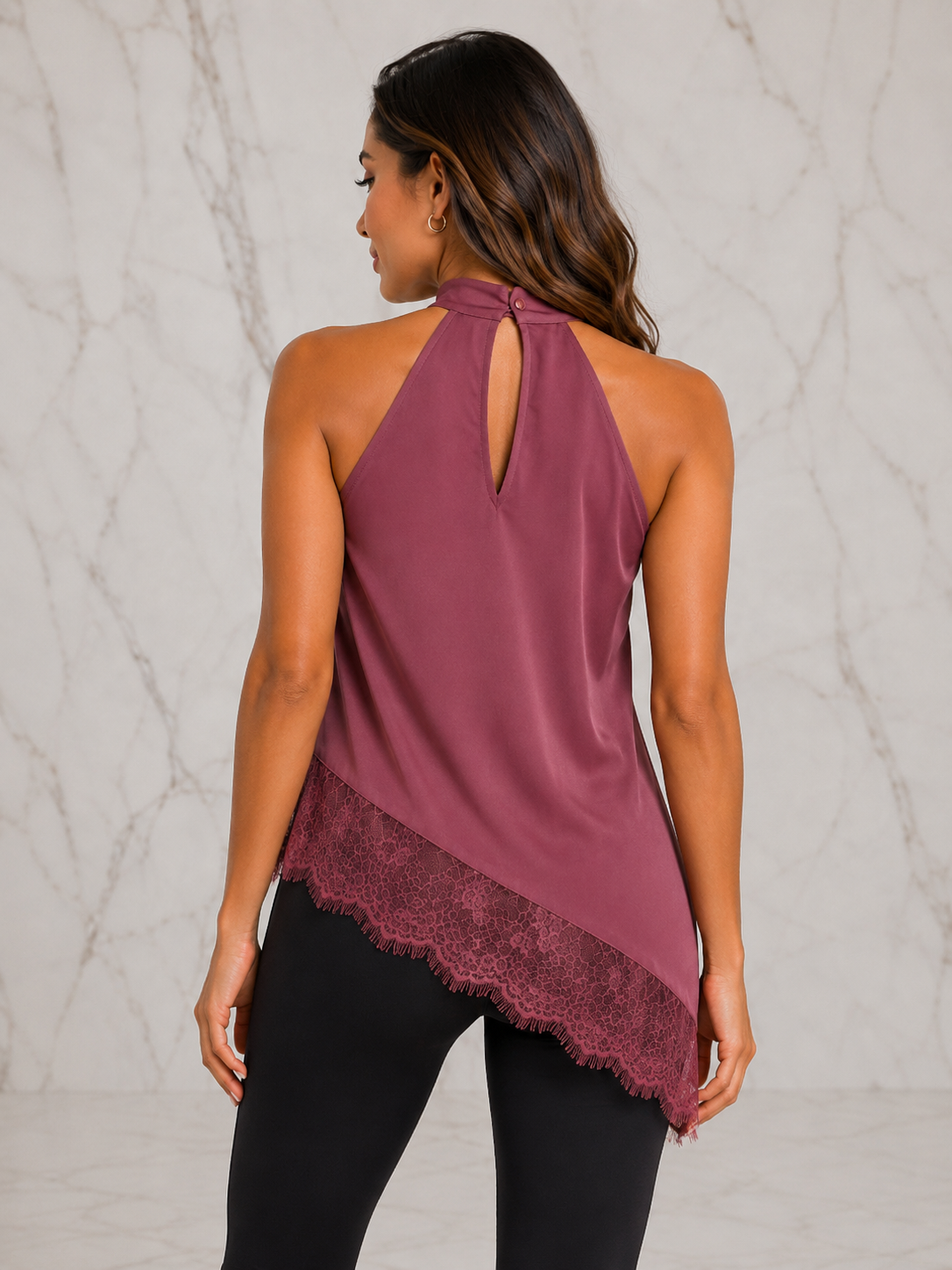 Regular Size Mock Neck Lace Trim Asymmetrical Tank Top