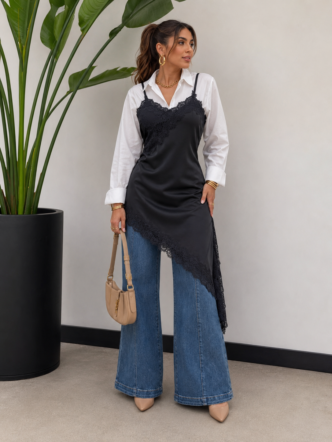 Regular Size Satin Lace Asymmetrical Cami Tunic Top