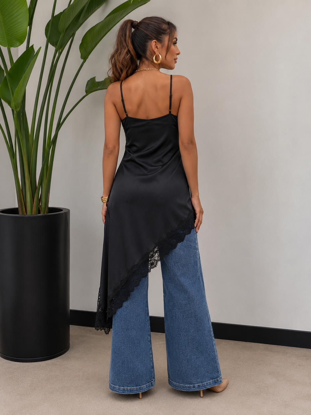 Regular Size Satin Lace Asymmetrical Cami Tunic Top