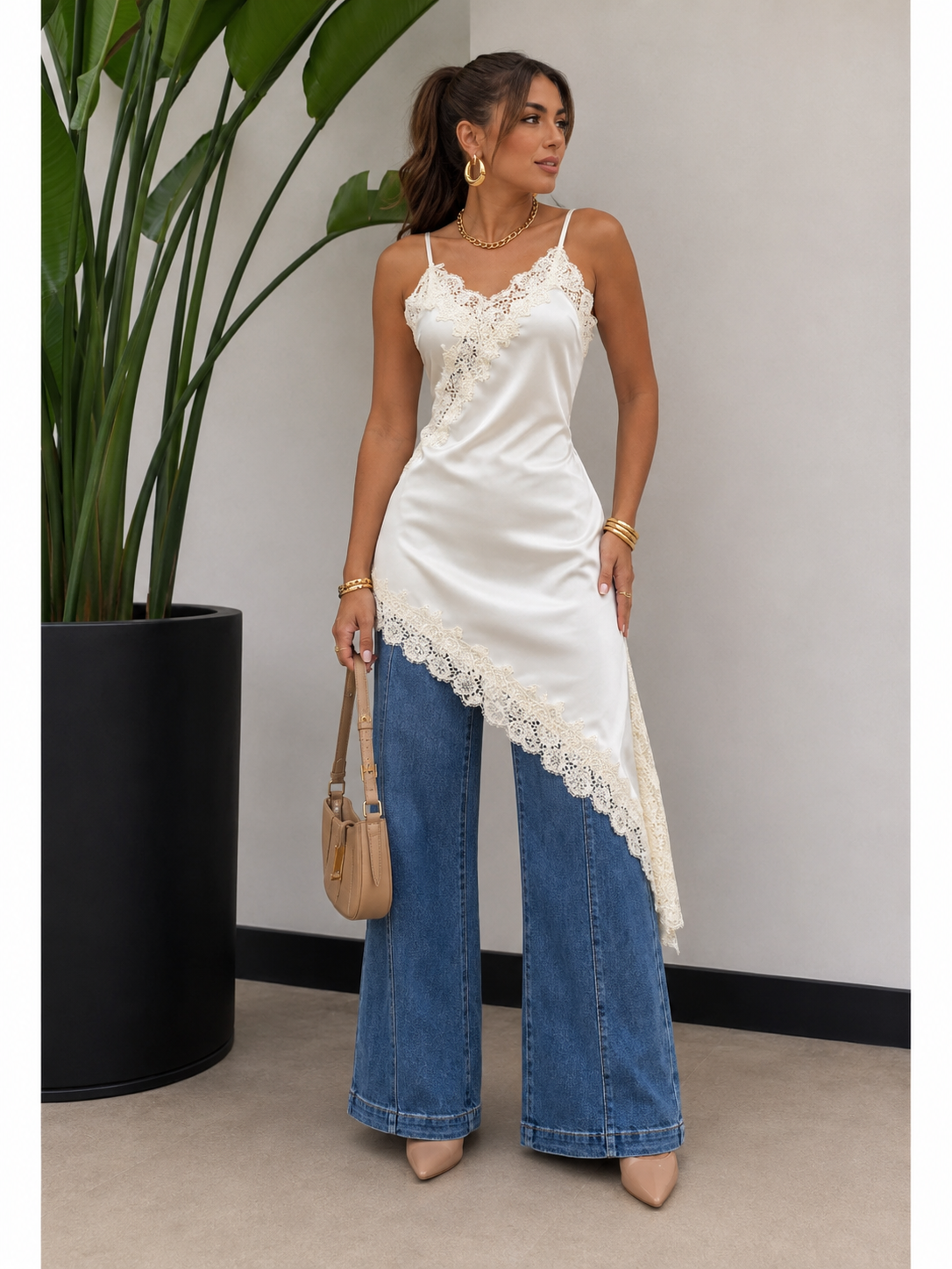 Regular Size Satin Lace Asymmetrical Cami Tunic Top