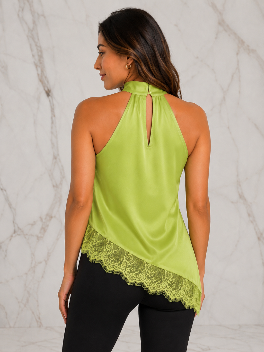Regular Size Mock Neck Lace Trim Asymmetrical Tank Top