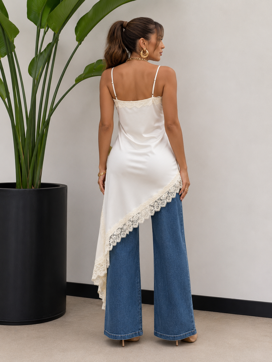Regular Size Satin Lace Asymmetrical Cami Tunic Top